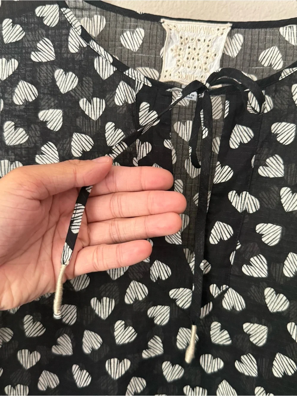 JOHNNY WAS black white cotton linen hearts striped puff long sleeve blouse top‎